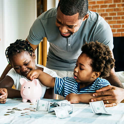 family with piggy bank