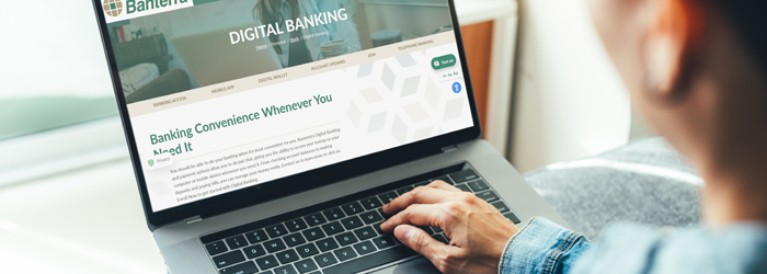 Image shows individual viewing Banterra's Digital Banking page on laptop