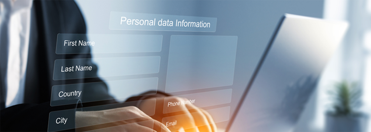 Person typing on computer with holographic personal data information up to open an account