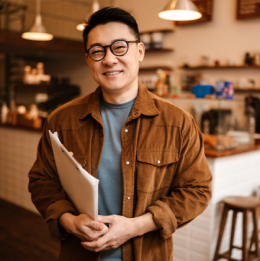 Male business owner holding clipboard and paperwork while smiling at his business