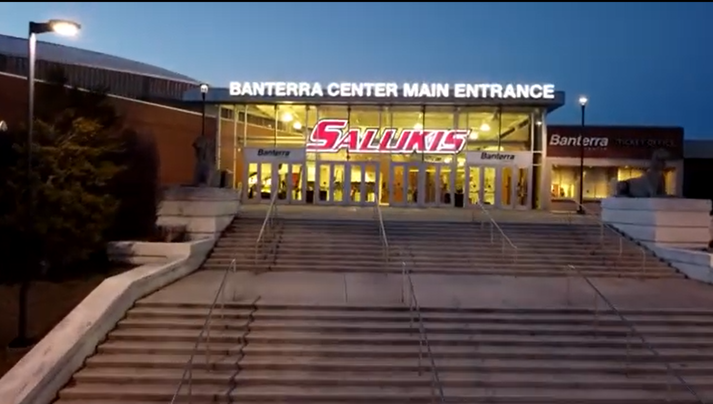 Southern Illinois University's Banterra Center one of the best facilities in college basketball shown from the steps of the main entrance on a game night
