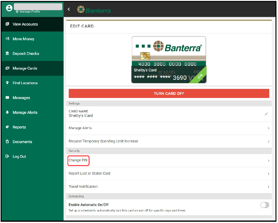 Change PIN from Banterra Bank Online Banking