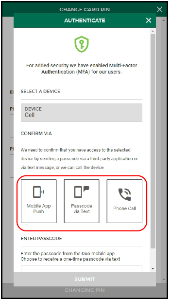 Choose an authentication method to change your PIN number