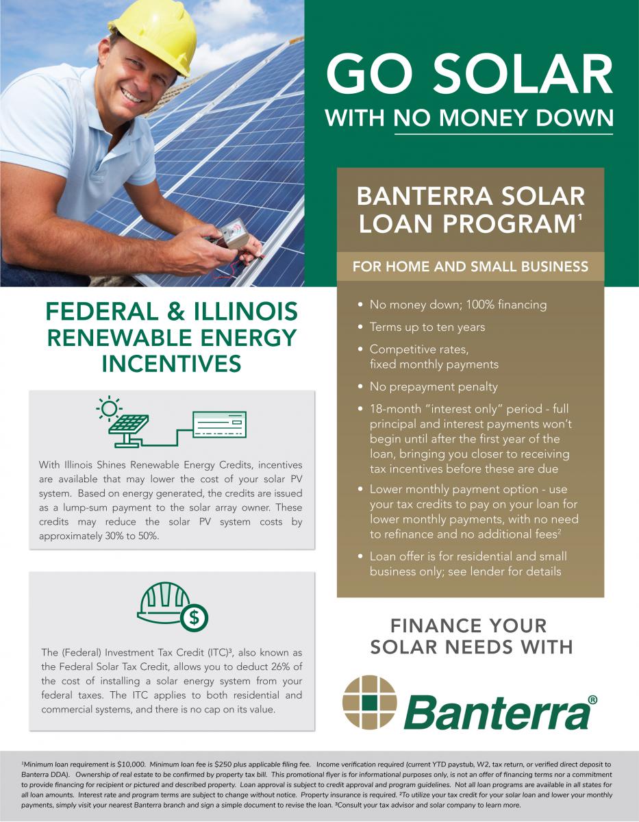 Solar Loan product flyer with picture of solar panel installer and the Banterra logo.