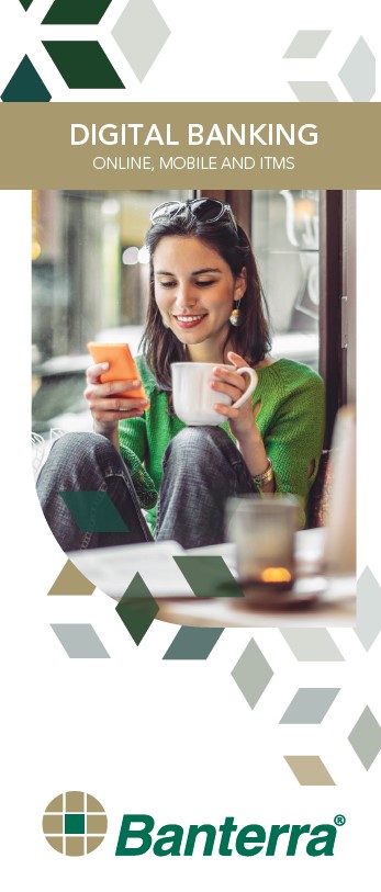 Banterra digital banking brochure cover featuring a woman holding a coffee mug while looking at her phone.