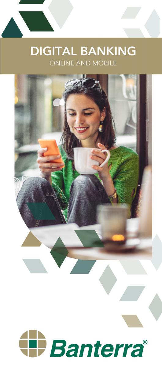 Banterra digital banking brochure cover featuring a woman holding a coffee mug while looking at her phone.