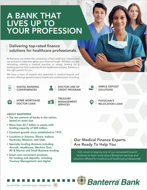 Healthcare services product flyer with picture of medical professional and the Banterra logo.