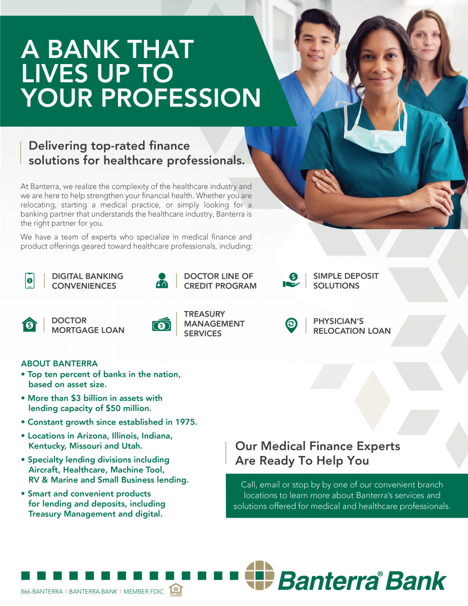 Healthcare services product flyer with picture of medical professional and the Banterra logo.