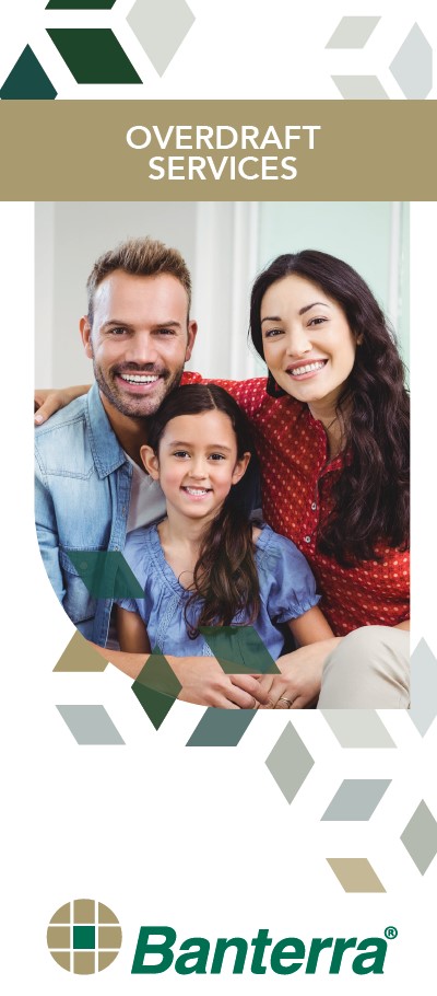 Banterra Overdraft Services brochure featuring a photo of a family and the Banterra logo