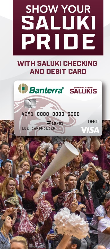 SIU Saluki Checking and debit card brochure cover that shows the saluki debit card and saluki fans.