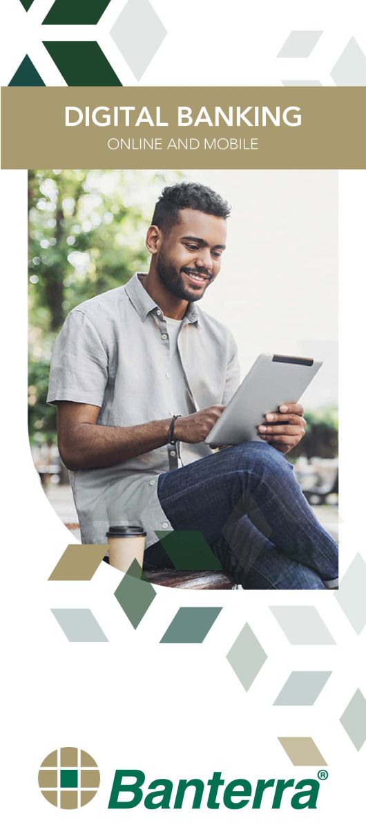 Banterra digital banking brochure cover featuring a woman holding a coffee mug while looking at her phone.