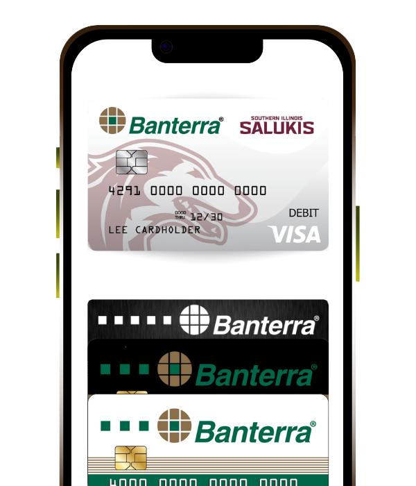 mobile phone mockup of Banterra Debit Cards loaded into Digital Wallet