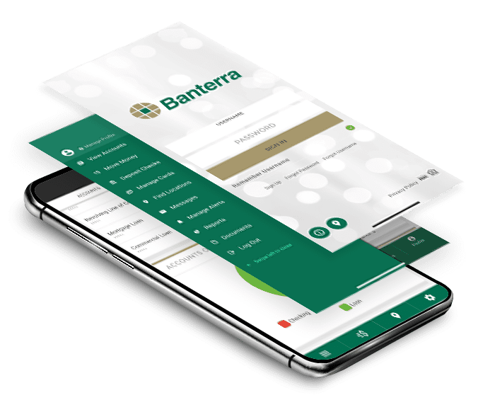 mobile phone mockup of Banterra mobile app
